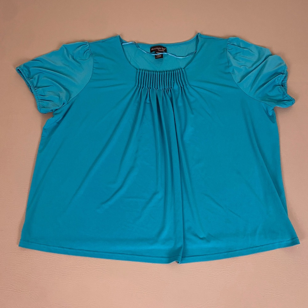 Moonlight Bay Blouse Women's Plus Size 26W 28W Teal Blue Pleated Puff Sleeve